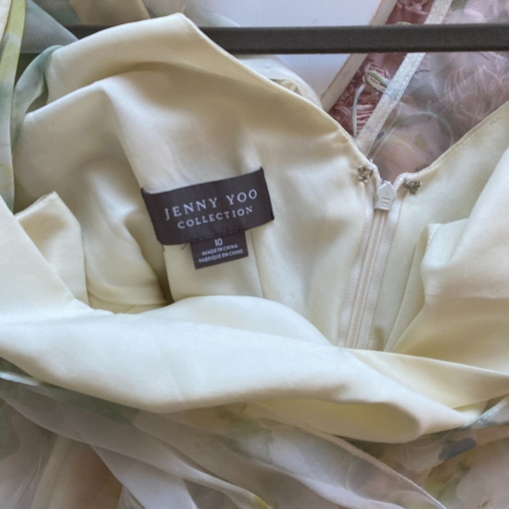 Jenny Yoo Pale Green and Cream Watercolor Floral Chiffon Wedding Dress - Picture 2 of 4